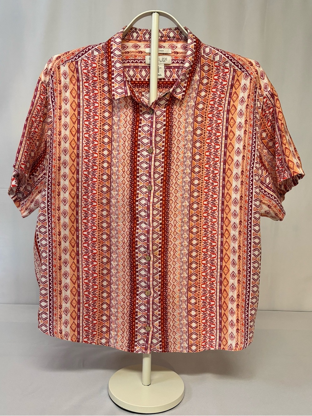 Rachel Zoe Boho Tribal Aztec Geometric Striped Linen Button Up Crop Shirt XL